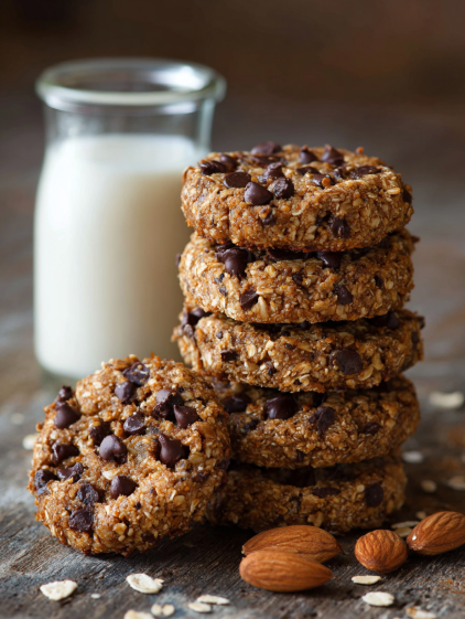 A stack of chocolate chip cookies with a glass of milk.