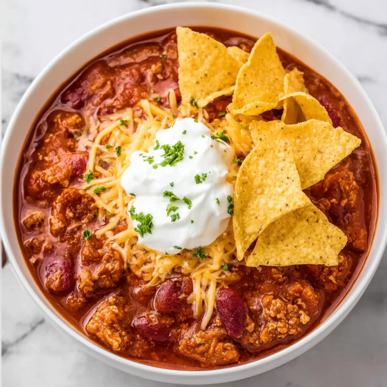 A bowl of chili with a dollop of sour cream on top.