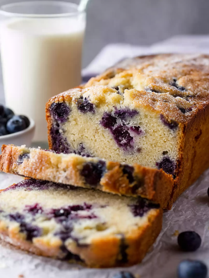 A slice of blueberry cake with milk.