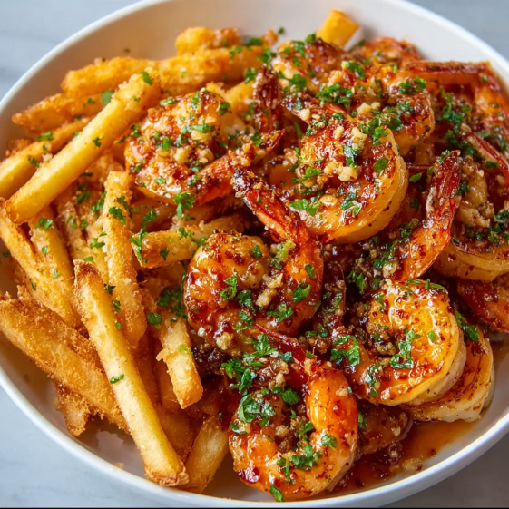 A bowl of shrimp with garlic and honey sauce and a side of fries.