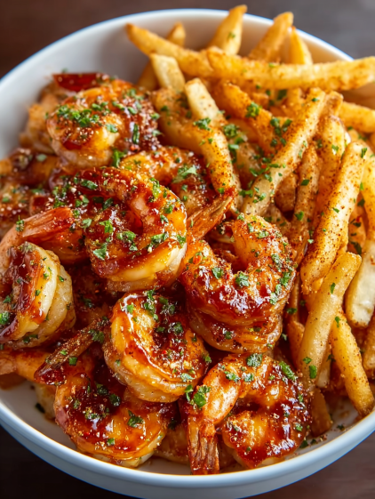 A bowl of shrimp and fries.