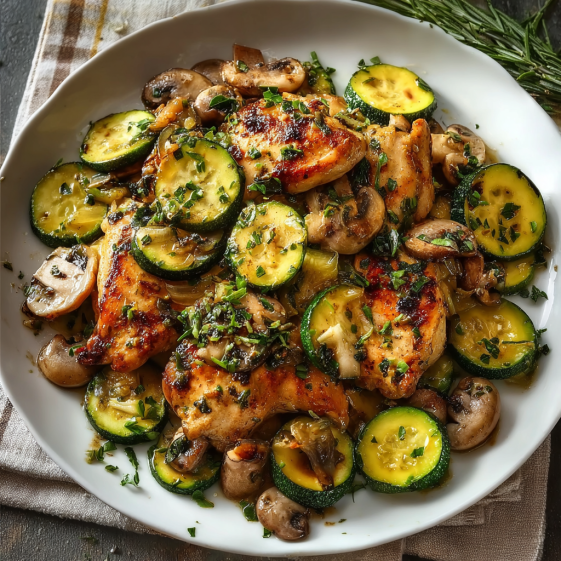 A plate of food with chicken, mushrooms and zucchini.