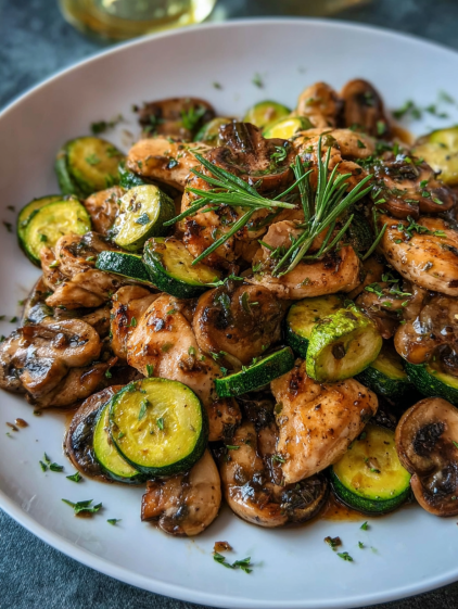 A plate of food with chicken, mushrooms and zucchini.