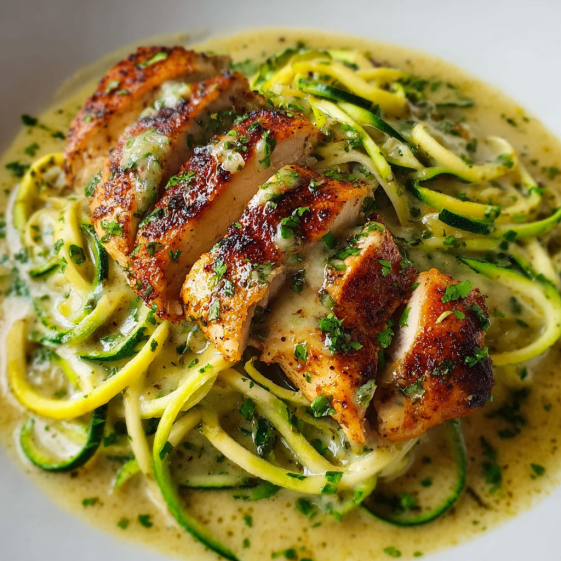 A dish of chicken breast in creamy pesto sauce with zucchini noodles.