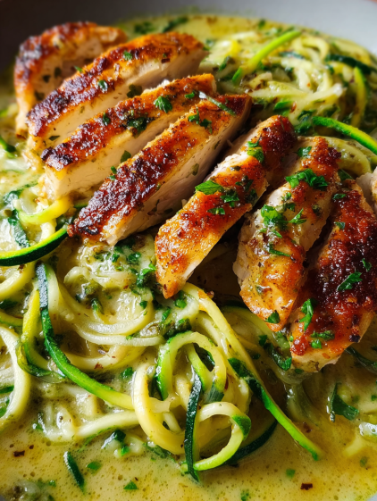 A delicious dish of chicken breast in creamy pesto sauce with zucchini noodles.