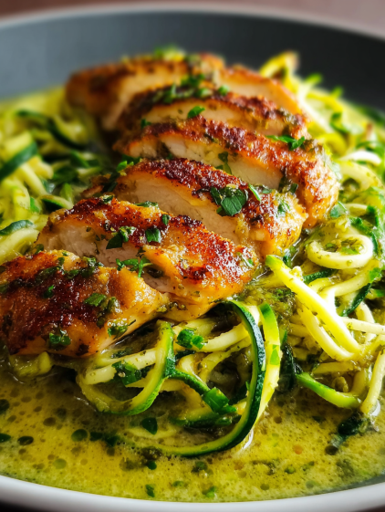Chicken breast in creamy pesto sauce with zucchini noodles.