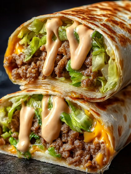 A homemade Big Mac wrap with special sauce.