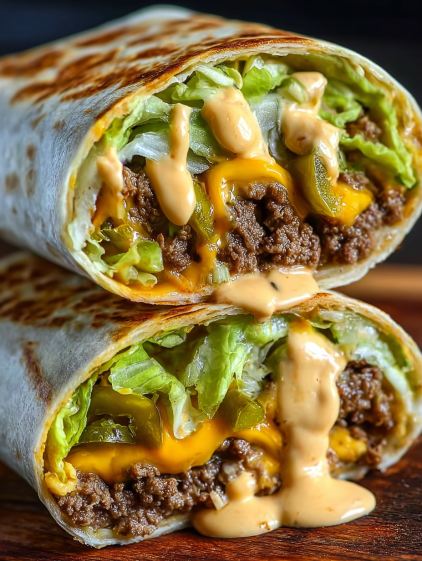 A homemade burger wrap with special sauce.