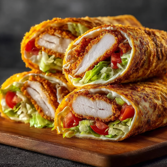A delicious chicken wrap with lettuce and tomato.