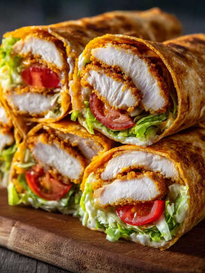 A delicious chicken wrap with lettuce and tomato.
