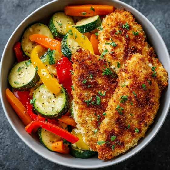 A bowl of food with chicken and vegetables.