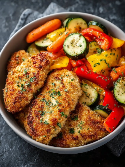 A bowl of breaded chicken with vegetables.