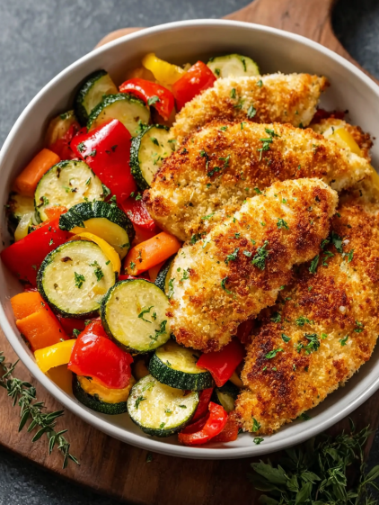 A bowl of chicken and vegetables.