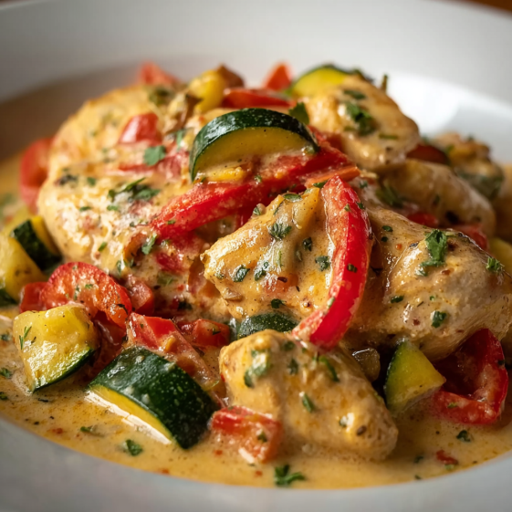 A plate of creamy chicken with peppers and zucchini.