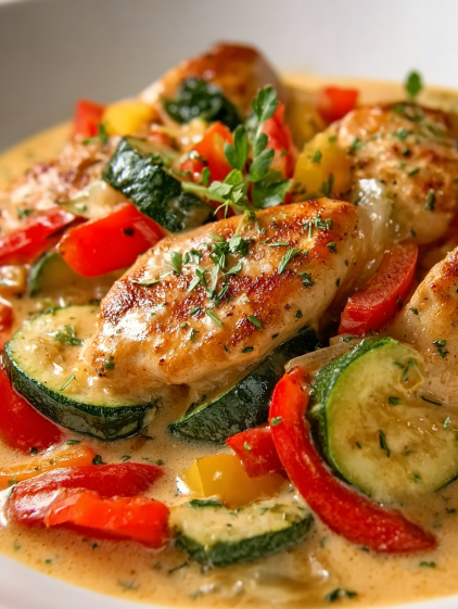 A creamy chicken dish with peppers and zucchini.