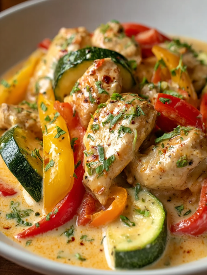 A plate of food with chicken, peppers, and zucchini.