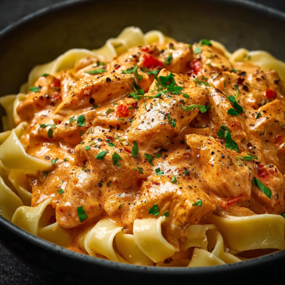 A bowl of creamy paprika chicken with tagliatelle.