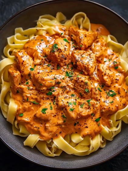 A delicious creamy paprika chicken dish with tagliatelle.