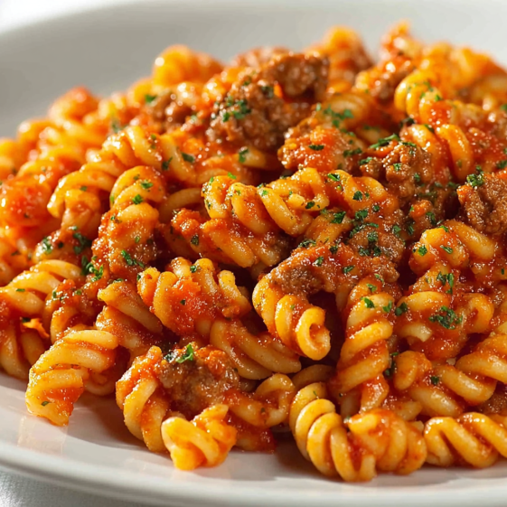 A plate of pasta with meat and tomato sauce.