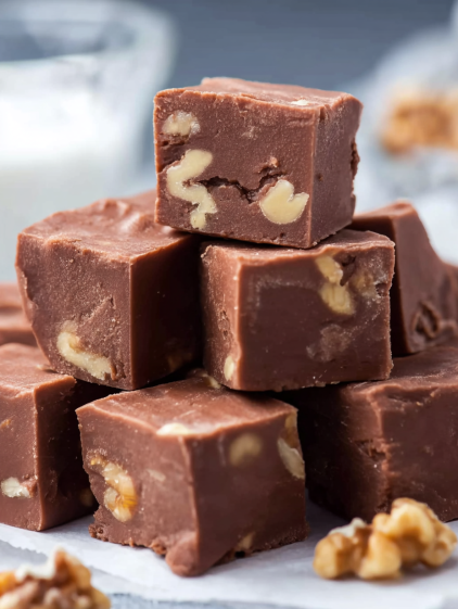 A stack of chocolate squares with nuts on top.