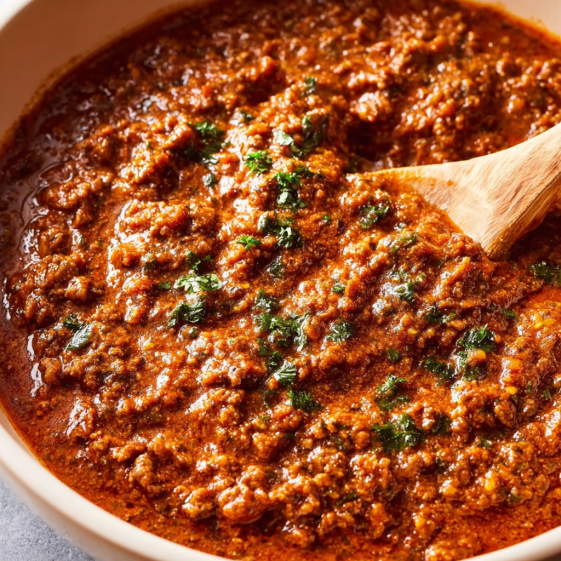 A bowl of taco meat with a wooden spoon in it.