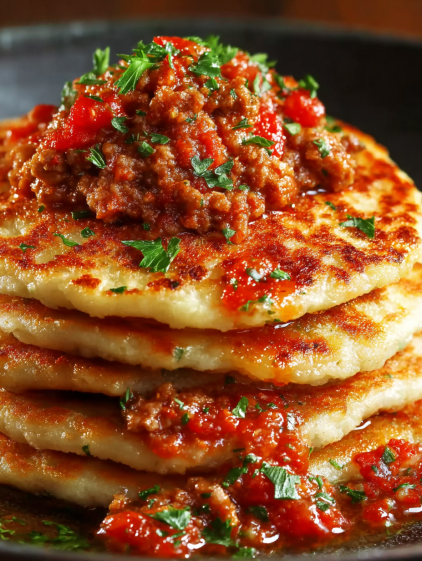 A stack of pancakes with sauce on top.
