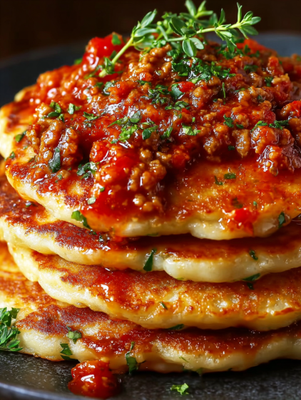 A stack of pancakes with sauce on top.