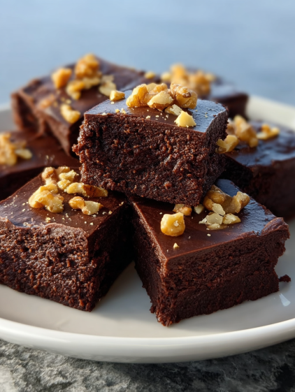 A plate of chocolate fudge cake with nuts on top.