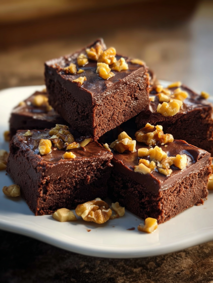 A plate of chocolate fudge cake with nuts on top.