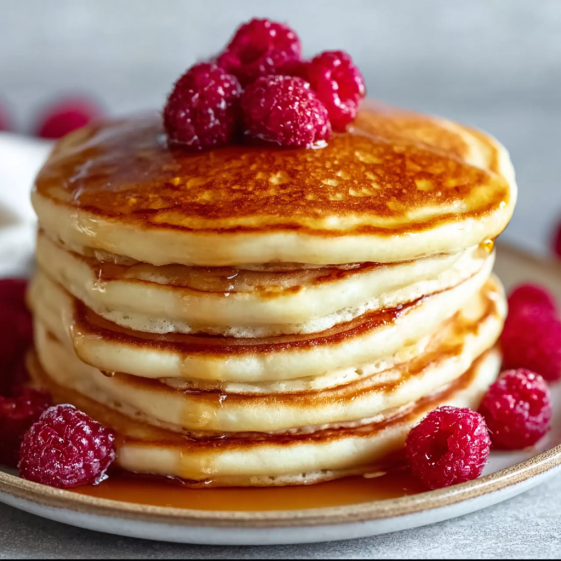 Fluffy pancakes with raspberries on top.