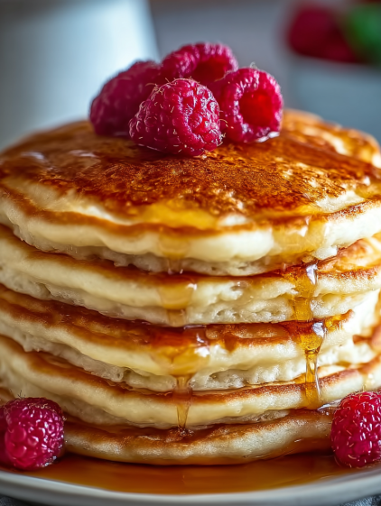 A stack of pancakes with raspberries on top.