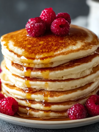 A stack of pancakes with raspberries on top.