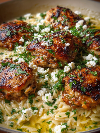 A plate of chicken with feta cheese and herbs.