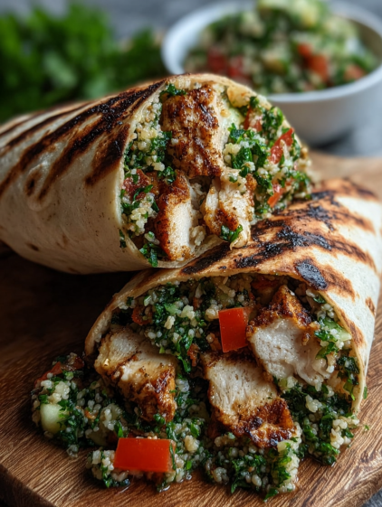 A wrap with meat and vegetables.
