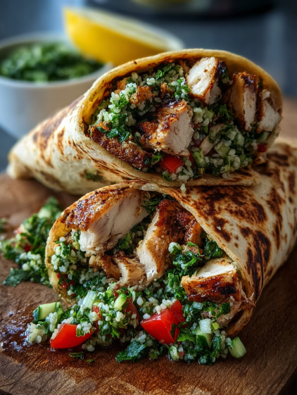 A chicken wrap with tomatoes and lettuce.