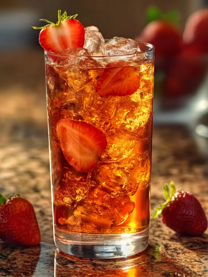 A glass of tea with strawberries in it.