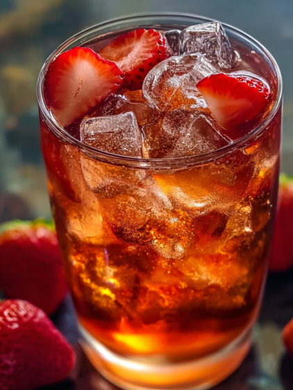 A glass of tea with strawberries in it.