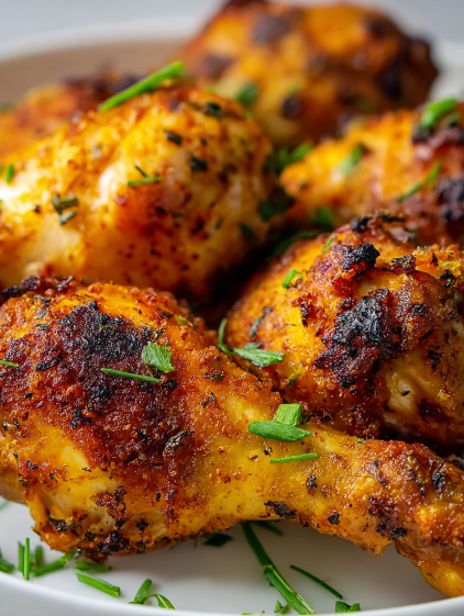 A plate of chicken with herbs on it.