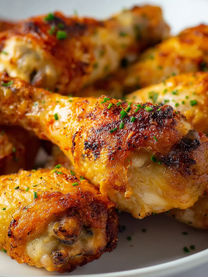 A plate of chicken wings with green garnish.