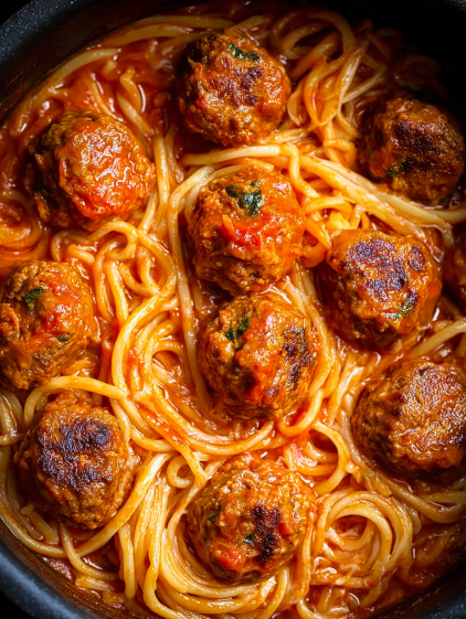 A bowl of spaghetti with meatballs.