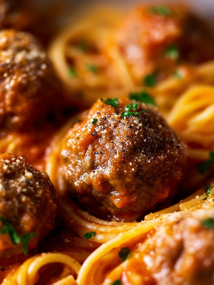 A plate of spaghetti with meatballs on top.
