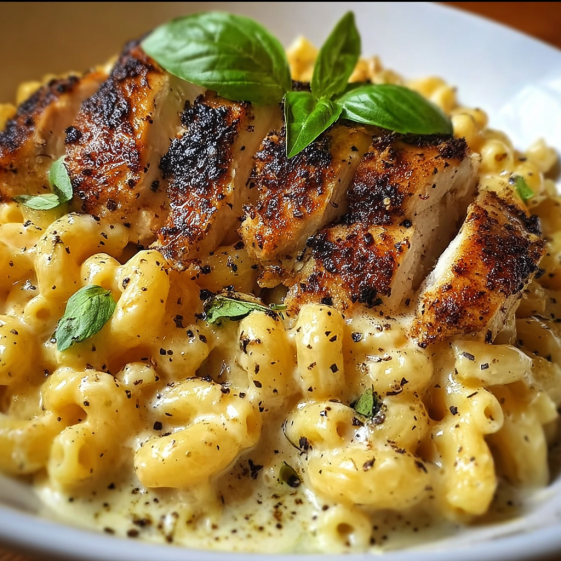 A plate of creamy chicken garlic pasta.