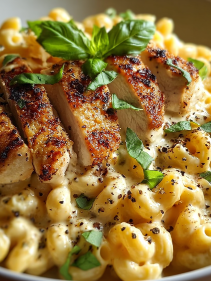 A close up of a piece of chicken with a green garnish.