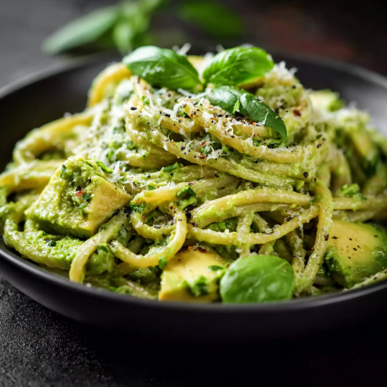 A bowl of creamy vegan avocado pasta.