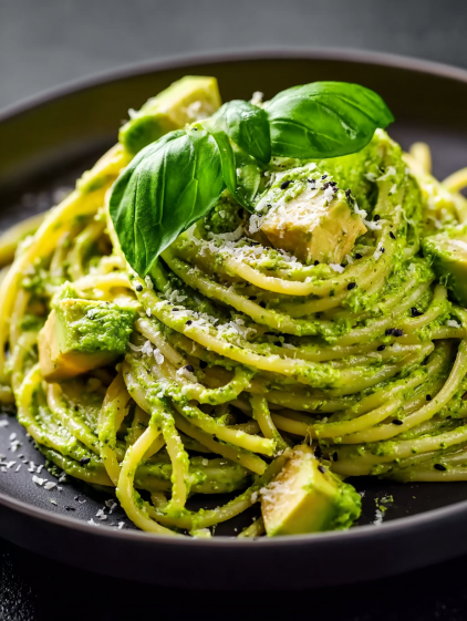 A bowl of pasta with spinach and cheese.