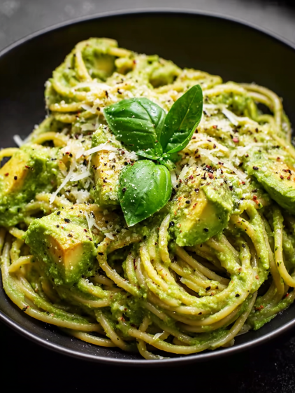 A bowl of pasta with a green leaf on top.
