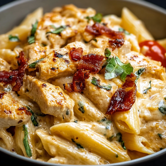 A bowl of creamy chicken parmesan pasta.