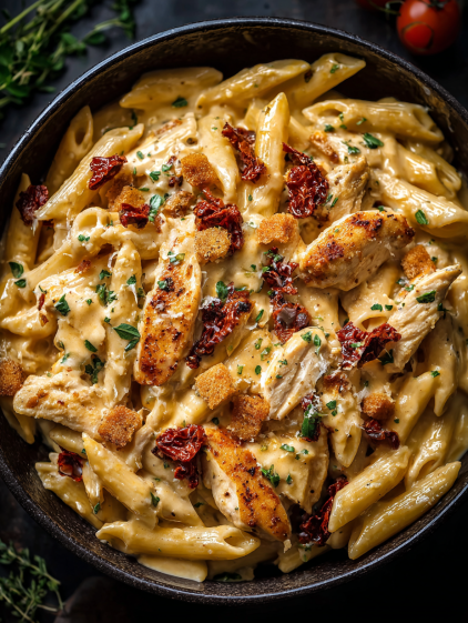 A bowl of pasta with chicken and tomatoes.
