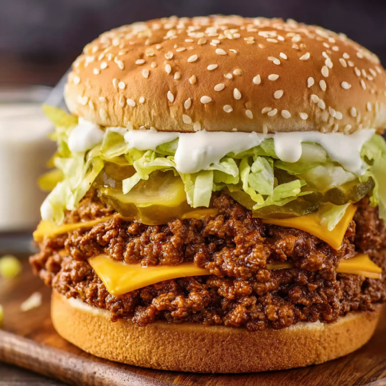 A sloppy joe sandwich with lettuce and cheese.