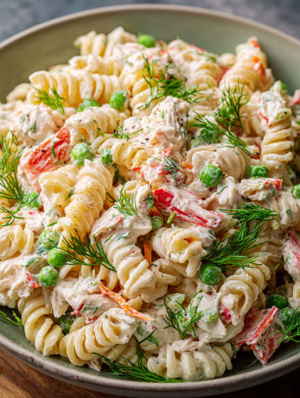 A bowl of crab pasta salad.